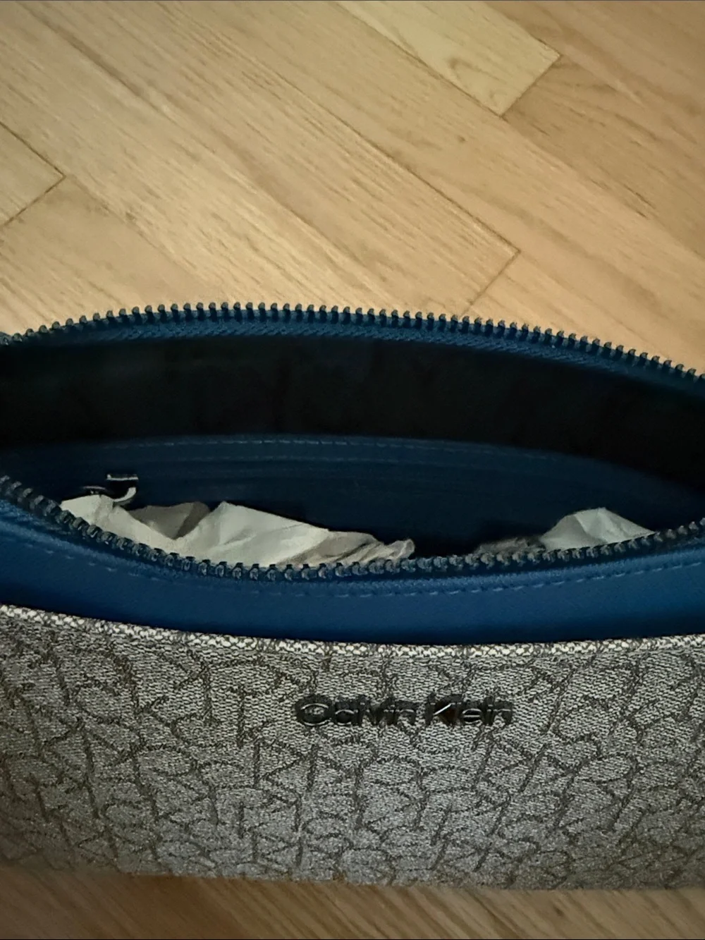 Calvin Klein Beige Monogram Crossbody with Blue Trim